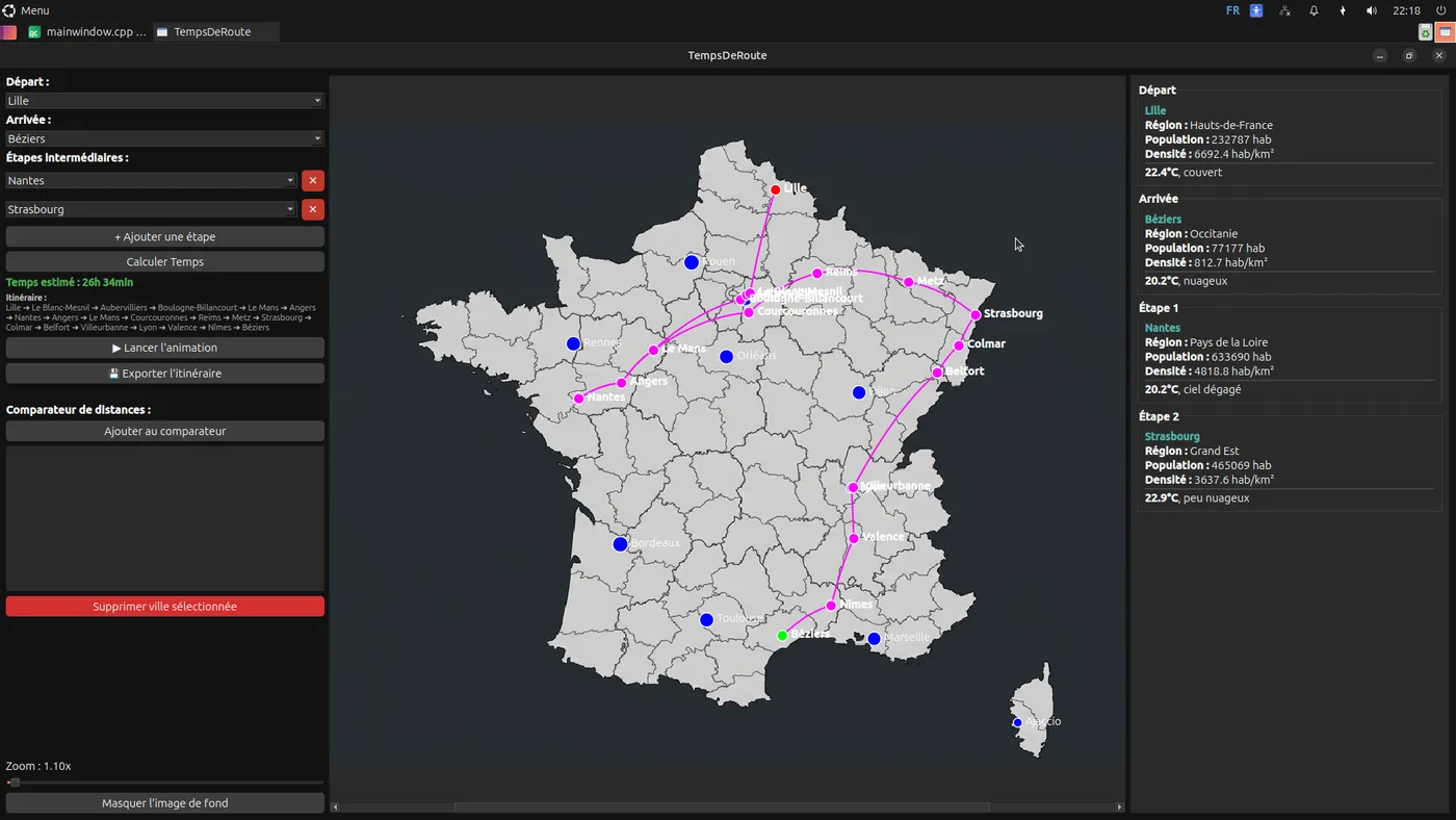 Capture d'écran de l'application GPS en C++ Qt